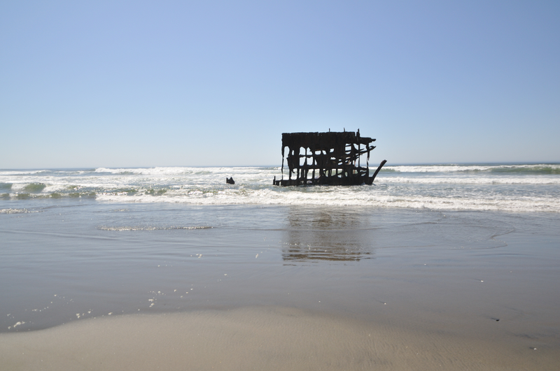 An old shipwreck right on the beach.